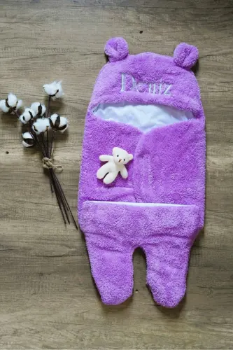 Bebek Dış Kundak Uyku Tulumu Kişiye Özel Nakışlı Kıvırcık Wellsoft Peluş Ayıcık Kulaklı Lila Mor - lila - 4