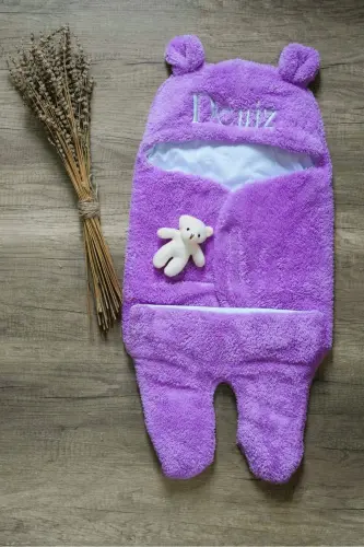 Bebek Dış Kundak Uyku Tulumu Kişiye Özel Nakışlı Kıvırcık Wellsoft Peluş Ayıcık Kulaklı Lila Mor - lila - 5