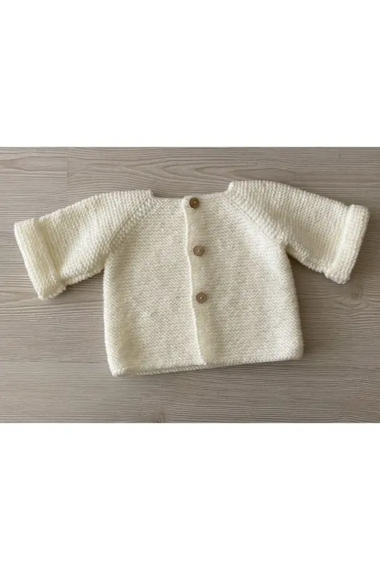 Bebek El Yapımı Örgü Hırka-Ekru Basic Hırka - 2