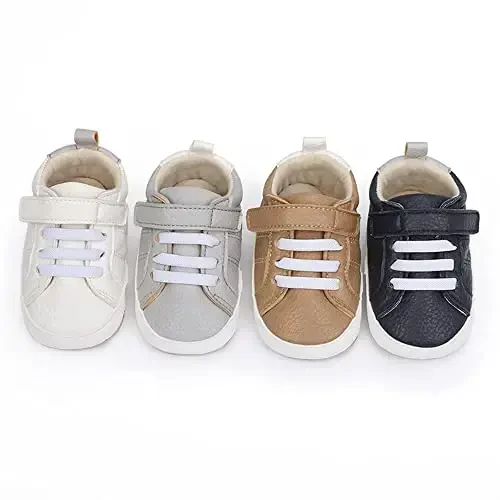 Baby Boys Girls Leather PRE-Walking Sneakers Toddler Anti-Slip Rubber Sole Infant Lightweight First Step Shoes - 4