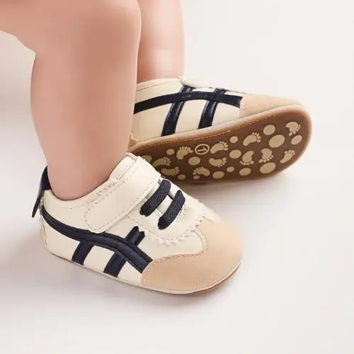 Baby Boys Girls Leather PRE-Walking Sneakers Toddler Anti-Slip Rubber Sole Infant Lightweight First Step Shoes - 4