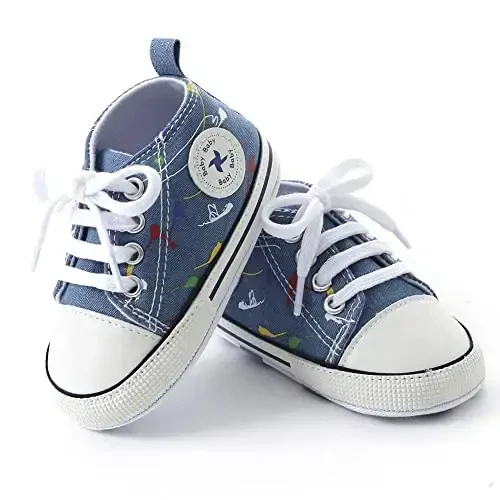 Baby Boys Girls Star High Top Sneaker Soft Anti-Slip Sole Newborn Infant First Walkers Canvas Denim Shoes - 3