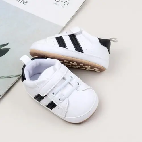 Baby Boys Girls Leather PRE-Walking Sneakers Toddler Anti-Slip Rubber Sole Infant Lightweight First Step Shoes - 3