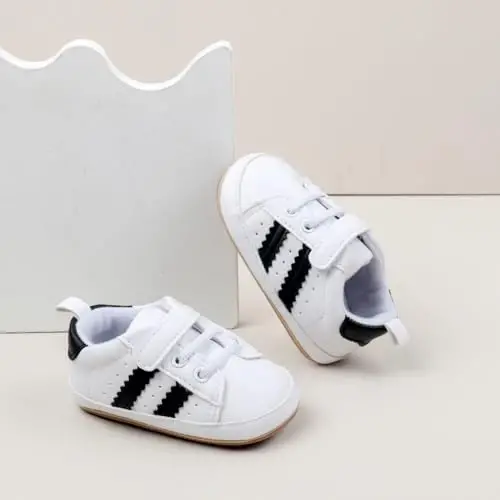 Baby Boys Girls Leather PRE-Walking Sneakers Toddler Anti-Slip Rubber Sole Infant Lightweight First Step Shoes - 4