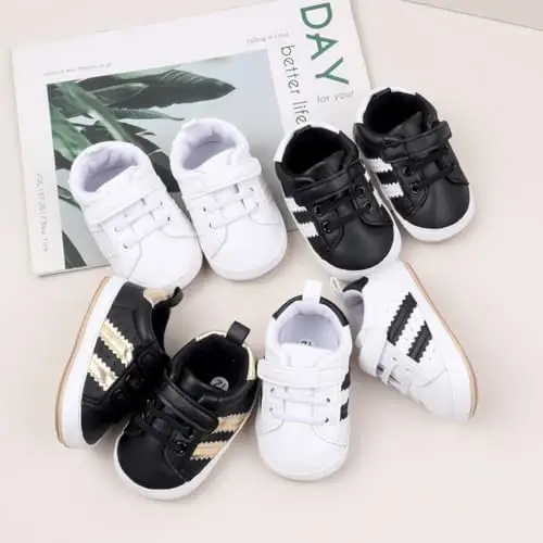 Baby Boys Girls Leather PRE-Walking Sneakers Toddler Anti-Slip Rubber Sole Infant Lightweight First Step Shoes - 5