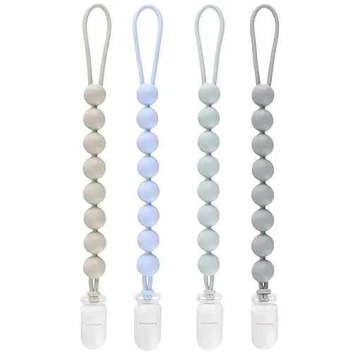 4-Pack Silicone Pacifier Clips for Baby Boys and Girls - with One-Piece Beads, Flexible and Rust-Free Holders for Teething Relief and Baby Essentials - Safe for Newborns (Grey) - 1
