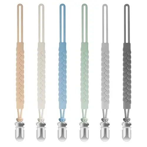 Tender Babe Silicone Pacifier Clips for Baby Boys and Girls, Woven Rope Flexible Design, Pacifier Holders for Teething Relief and Baby Essentials, Safe for Newborns (6 Pack) - 1