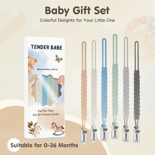 Tender Babe Silicone Pacifier Clips for Baby Boys and Girls, Woven Rope Flexible Design, Pacifier Holders for Teething Relief and Baby Essentials, Safe for Newborns (6 Pack) - 6