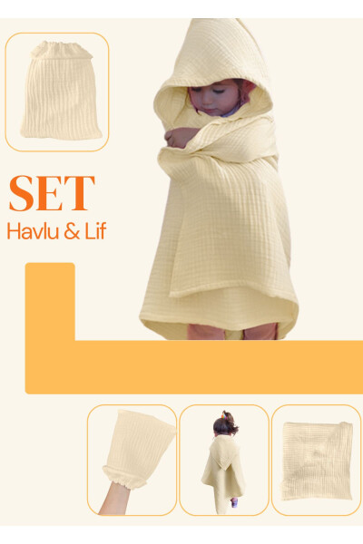 Bebek Havlu ve Kese Seti - %100 Organik Muslin Banyo Kese ve Havlu Seti - 1