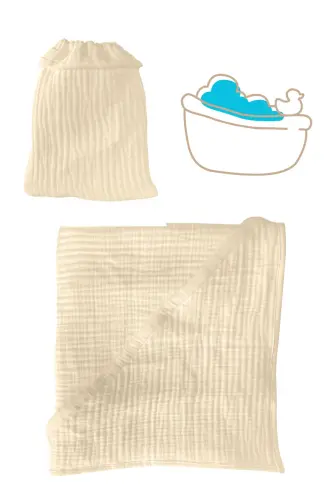 Bebek Havlu ve Kese Seti - %100 Organik Muslin Banyo Kese ve Havlu Seti - bej - JOYOUS MOM KIDS (1)