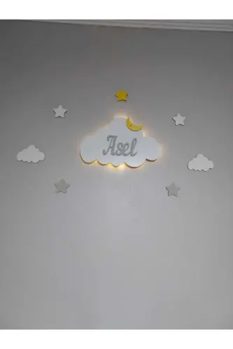 Bebek Hediyelik Ahşap Isimli Bulut Gece Lambası Ledli Aydınlatma Yenidoğan Hediyelik-Gri 