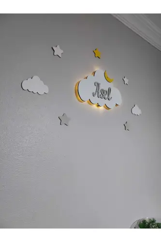 Bebek Hediyelik Ahşap Isimli Bulut Gece Lambası Ledli Aydınlatma Yenidoğan Hediyelik-Gri - 3