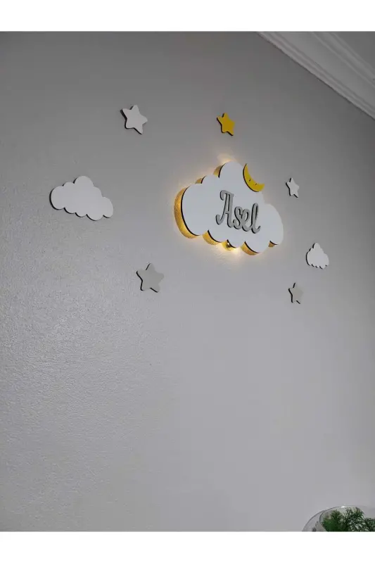 Bebek Hediyelik Ahşap Isimli Bulut Gece Lambası Ledli Aydınlatma Yenidoğan Hediyelik-Gri - 3