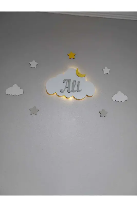 Bebek Hediyelik Ahşap Isimli Bulut Gece Lambası Ledli Aydınlatma Yenidoğan Hediyelik-Gri - 5