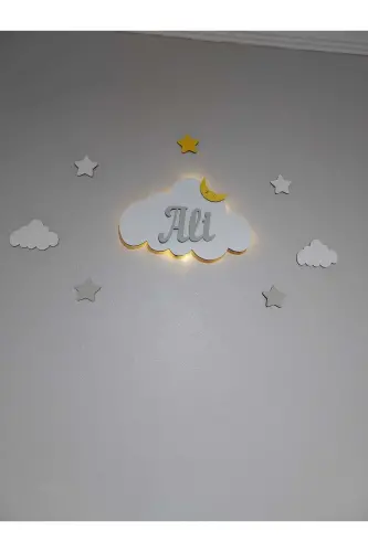 Bebek Hediyelik Ahşap Isimli Bulut Gece Lambası Ledli Aydınlatma Yenidoğan Hediyelik-Gri - 4