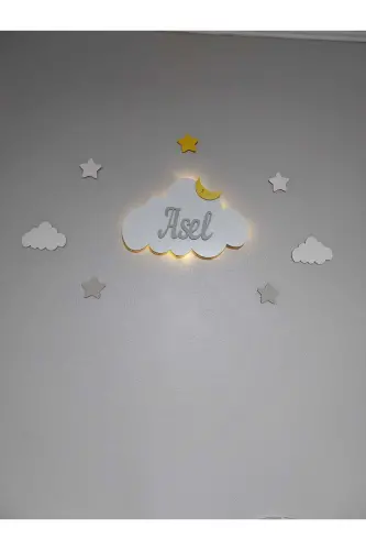 Bebek Hediyelik Ahşap Isimli Bulut Gece Lambası Ledli Aydınlatma Yenidoğan Hediyelik - Gri - ARSERGROUP (1)
