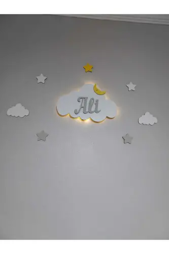 Bebek Hediyelik Ahşap Isimli Bulut Gece Lambası Ledli Aydınlatma Yenidoğan Hediyelik - Gri - 5