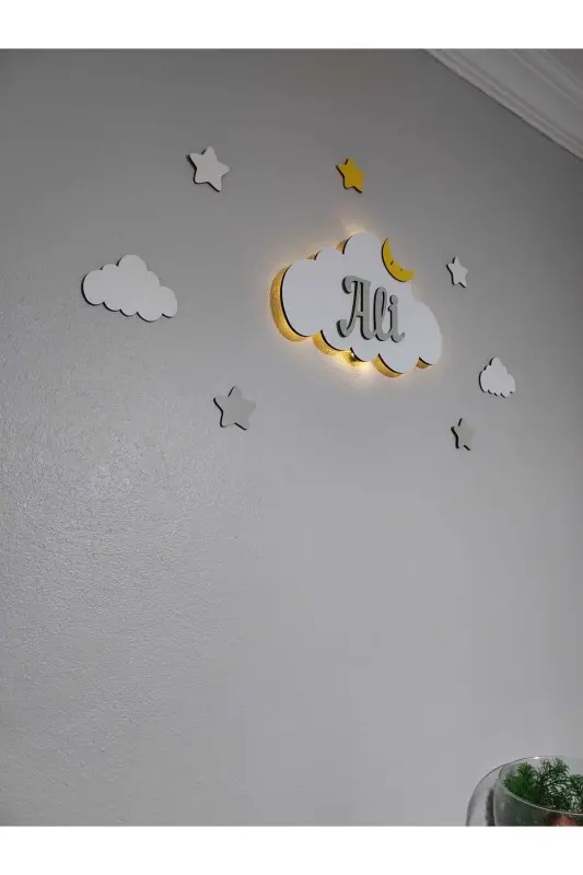 Bebek Hediyelik Ahşap Isimli Bulut Gece Lambası Ledli Aydınlatma Yenidoğan Hediyelik - Gri - 6