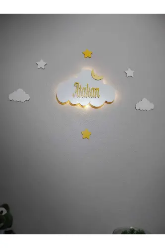 Bebek Hediyelik Ahşap Isimli Bulut Gece Lambası Ledli Aydınlatma Yenidoğan Hediyelik - Sarı - ARSERGROUP (1)