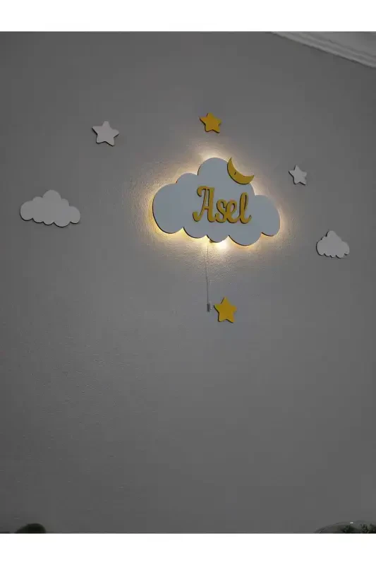 Bebek Hediyelik Ahşap Isimli Bulut Gece Lambası Ledli Aydınlatma Yenidoğan Hediyelik-Sarı İpli - 2