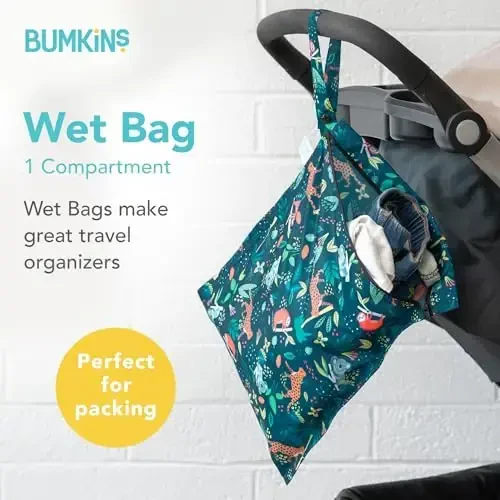 Bumkins Sleeved Bib and Waterproof Wet Bag for Baby, Travel, Swim Suit, Cloth Diapers, Pump Parts, Pool, Gym Clothes, Toiletry, Strap to Stroller, Daycare, Zipper Reusable Bag, Jungle - 6