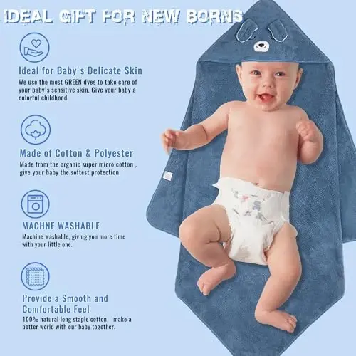 Hooded Towel for Baby, 2 Pack Coral Fleece and 9 Baby Washcloths, Soft and Absorbent Baby Towels Large 35.5x35.5 Inch Shower Towel Gift for Newborns, Infants and Toddlers (Navy Blue Dog+Brown Bear) - 2