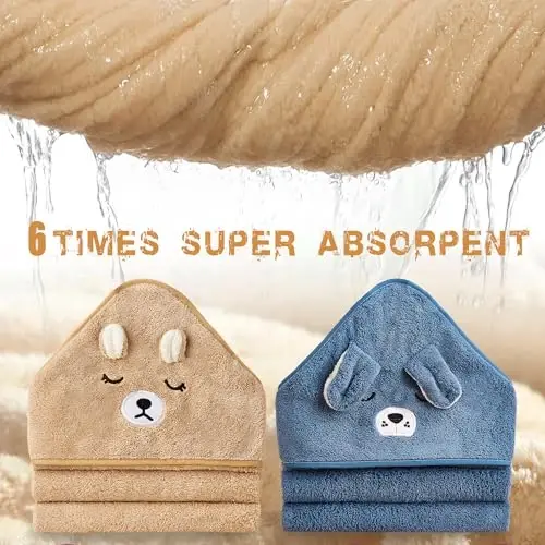 Hooded Towel for Baby, 2 Pack Coral Fleece and 9 Baby Washcloths, Soft and Absorbent Baby Towels Large 35.5x35.5 Inch Shower Towel Gift for Newborns, Infants and Toddlers (Navy Blue Dog+Brown Bear) - 4