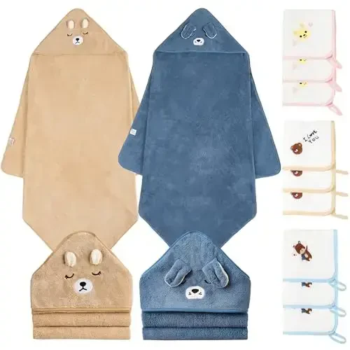 Hooded Towel for Baby, 2 Pack Coral Fleece and 9 Baby Washcloths, Soft and Absorbent Baby Towels Large 35.5x35.5 Inch Shower Towel Gift for Newborns, Infants and Toddlers (Navy Blue Dog+Brown Bear) - BEFACL