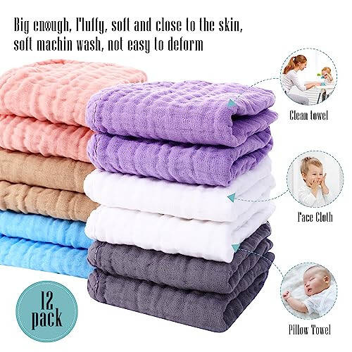 Bebek İçin Sevimli Kale 12'li Muslin Öksürük Bezi - Ultra Yumuşak %100 Pamuk Bebek Yüz Bezi - Büyük 20'' x 10'' Süper Emici Süt Kusma Bezi - Unisex, Erkek, Kız Bebek Öksürük Bezi - Çok Renkli - 5