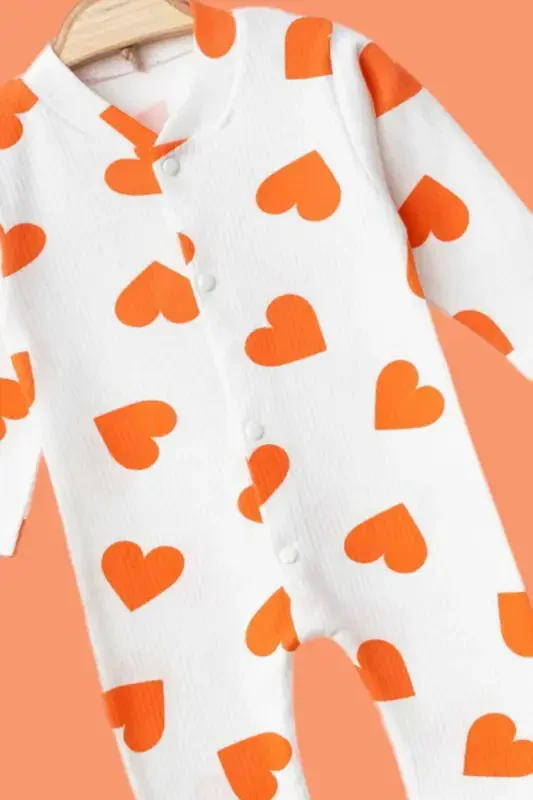 Bebek Kalpli Baskılı Fitilli Mato Çıtçıtlı Yangi Tug'ilgan Chaqaloq Kombinezoni %100 Paxta Elastik 1-3-6 Oylik-APELSIN KALPLI - 5