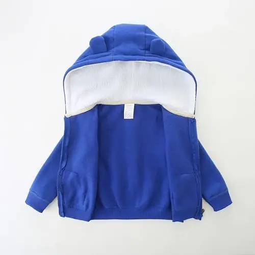 Baby Hoodie Sherpa Lined Zip up Light Fleece Jacket Solid Bear Coat Fall Winter 3-24 M - 2