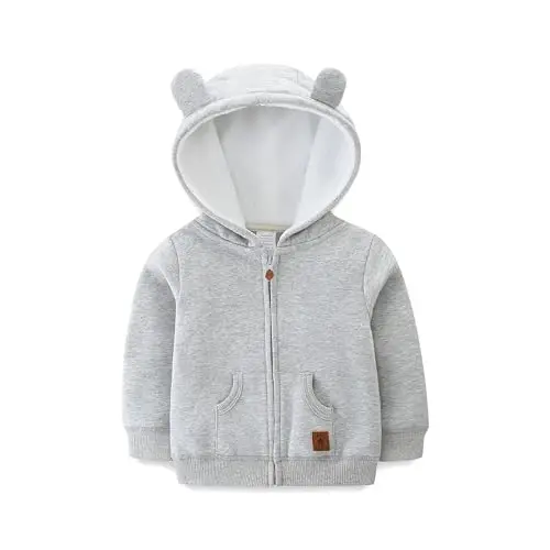 Baby Hoodie Sherpa Lined Zip up Light Fleece Jacket Solid Bear Coat Fall Winter 3-24 M - 1
