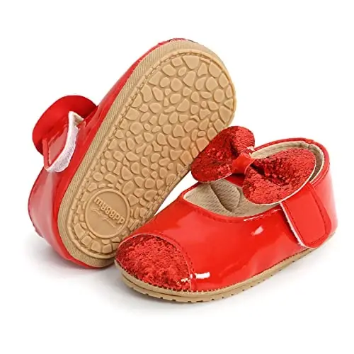 Baby Girls Mary Jane Flats Shoes with Non-Slip Soft Sole Toddler First Walkers Newborn Princess Dress Shoes 