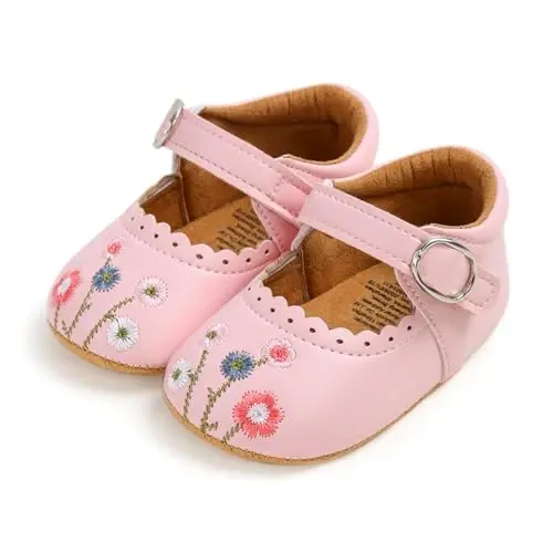 Baby Girls Mary Jane Flats Shoes with Non-Slip Soft Sole Toddler First Walkers Newborn Princess Dress Shoes - 1
