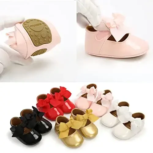Baby Girls Mary Jane Flats Anti-Slip Rubber Sole Bow Toddler Princess Dress Shoes - 6