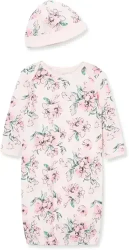Little Me Clothes for Baby Girls' 2-Piece Nightgown and Cap Set 100% Cotton with Elastic Bottom, Baby Essentials, 0-3 Months 