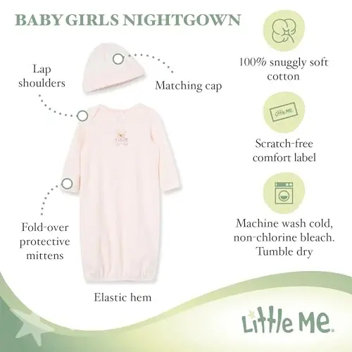 Bebek Kız Çocukları için Little Me Giysileri 2'li Gecelik ve Şapka Seti %100 Pamuk Elastik Altlı, Bebek Gereçleri, 0-3 Ay - LITTLE ME (1)