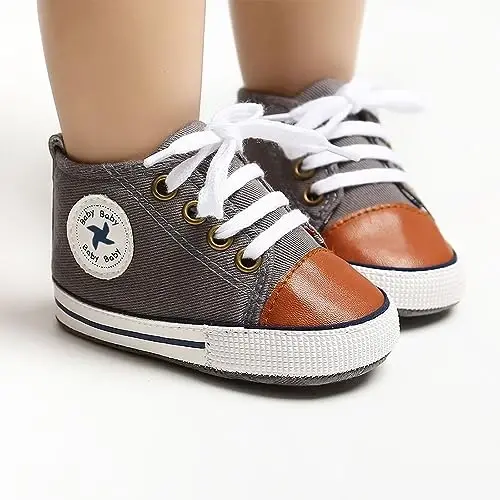Baby Girls Boys Shoes Soft Anti-Slip Sole Newborn First Walkers High Top Canvas Denim Unisex Infant Sneaker - 3