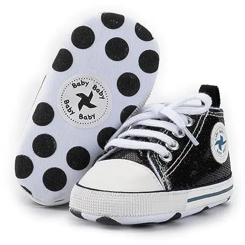 Baby Girls Boys Shoes Soft Anti-Slip Sole Newborn First Walkers High Top Canvas Denim Unisex Infant Sneaker - 4