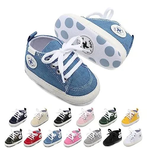 Baby Girls Boys Shoes Soft Anti-Slip Sole Newborn First Walkers High Top Canvas Denim Unisex Infant Sneaker - 1