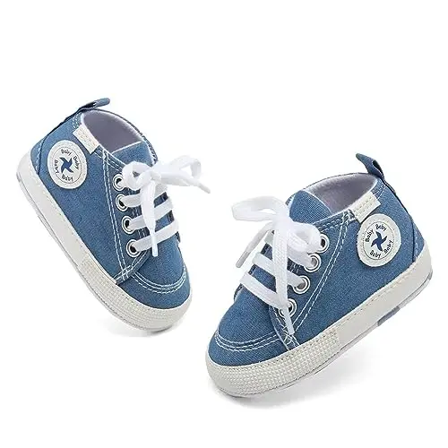 Baby Girls Boys Shoes Soft Anti-Slip Sole Newborn First Walkers High Top Canvas Denim Unisex Infant Sneaker - 5