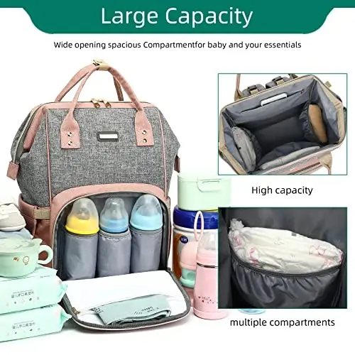 Diaper Bag Backpack, Diaper Bags for Baby Girls Boys, Baby Bags for Moms Dads, Nappy Changing Bag with Insulated Pockets,Multi-functional Waterproof Backpack with Stroller straps-Pink - 6