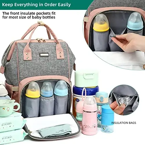 Diaper Bag Backpack, Diaper Bags for Baby Girls Boys, Baby Bags for Moms Dads, Nappy Changing Bag with Insulated Pockets,Multi-functional Waterproof Backpack with Stroller straps-Pink - 2