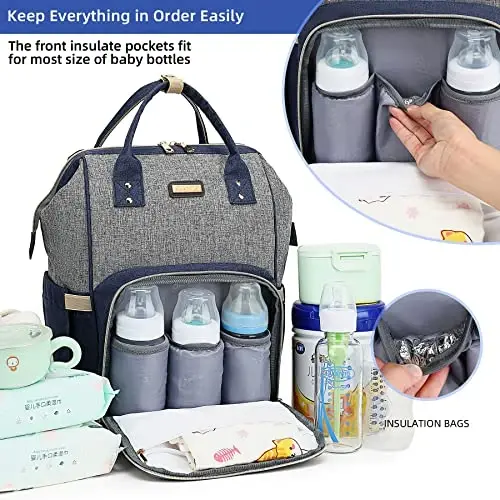 Diaper Bag Backpack, Diaper Bags for Baby Girls Boys, Baby Bags for Moms Dads, Nappy Changing Bag with Insulated Pockets,Multi-functional Waterproof Backpack with Stroller straps- Light Grey Blue - DIAPER (1)