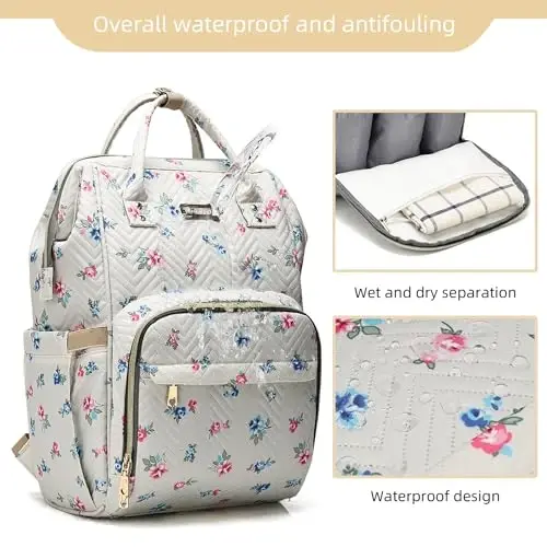 Diaper Bag Backpack, Diaper Bags for Baby Girls Boys, Baby Bags for Moms Dads, Nappy Changing Bag with Insulated Pockets,Multi-functional Waterproof Backpack with Stroller straps-Beige Flowers - 5