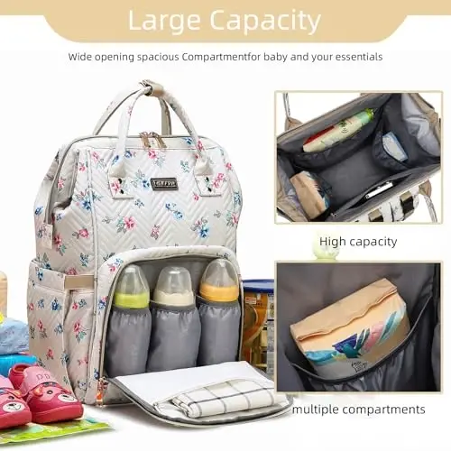 Diaper Bag Backpack, Diaper Bags for Baby Girls Boys, Baby Bags for Moms Dads, Nappy Changing Bag with Insulated Pockets,Multi-functional Waterproof Backpack with Stroller straps-Beige Flowers - 6