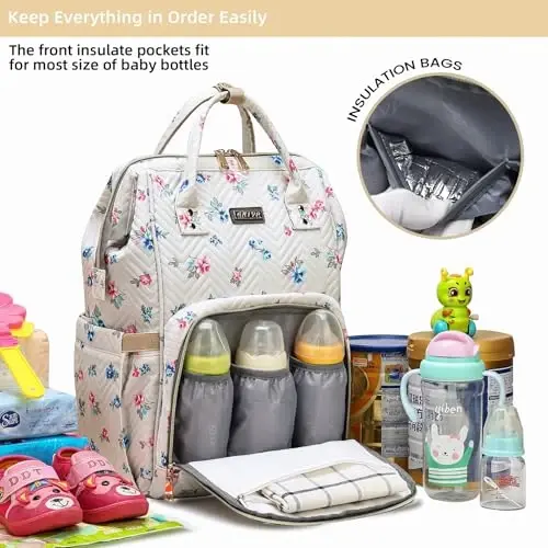 GAIVP Diaper Bag Backpack, Diaper Bags for Baby Girls Boys, Baby Bags for Moms Dads, Nappy Changing Bag with Insulated Pockets,Multi-functional Waterproof Backpack with Stroller straps-Beige Flowers - 2