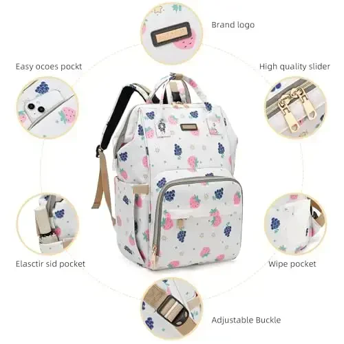 Diaper Bag Backpack, Diaper Bags for Baby Girls Boys, Baby Bags for Moms Dads, Nappy Changing Bag with Insulated Pockets,Multi-functional Waterproof Backpack with Stroller straps-Berry White - 4
