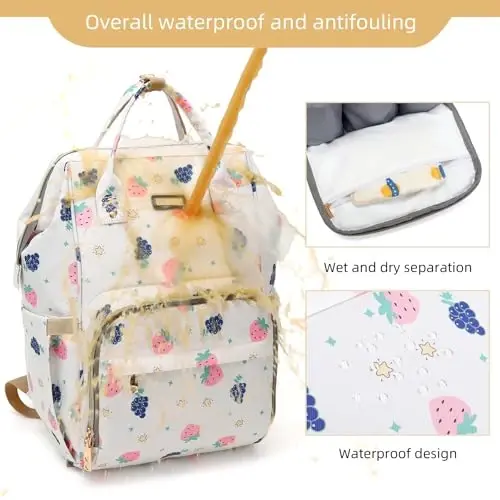 Diaper Bag Backpack, Diaper Bags for Baby Girls Boys, Baby Bags for Moms Dads, Nappy Changing Bag with Insulated Pockets,Multi-functional Waterproof Backpack with Stroller straps-Berry White - 5