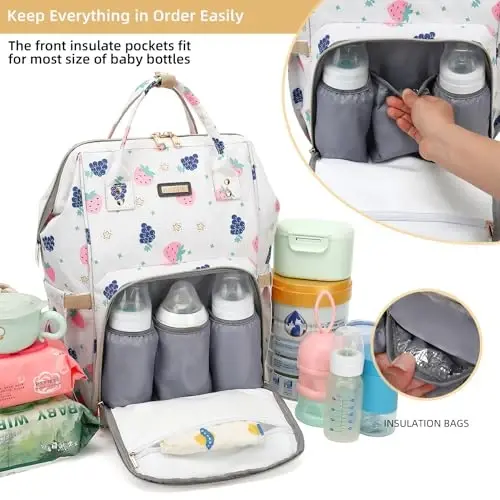 GAIVP Diaper Bag Backpack, Diaper Bags for Baby Girls Boys, Baby Bags for Moms Dads, Nappy Changing Bag with Insulated Pockets,Multi-functional Waterproof Backpack with Stroller straps-Berry White - 2